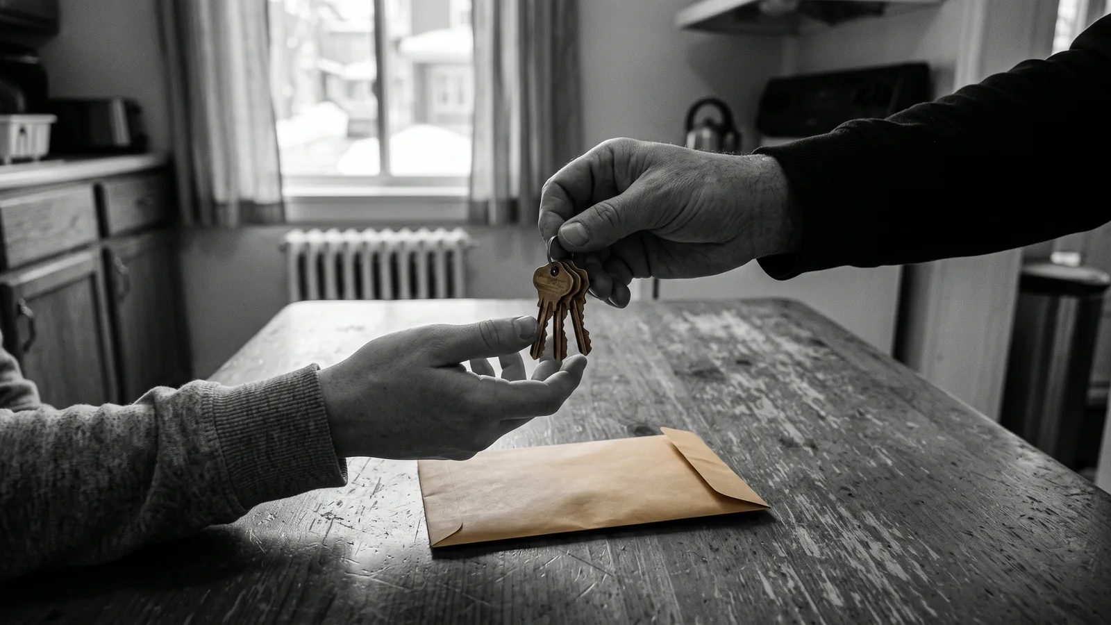 Échange d'une enveloppe d'argent contre des clés d'appartement, un cash for keys au Québec.