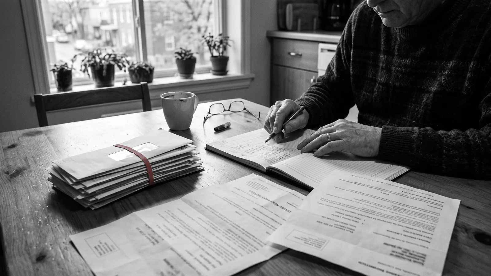 Main feuilletant un registre de loyers aux cases vides sur un bureau — locataire qui ne paie pas au Québec