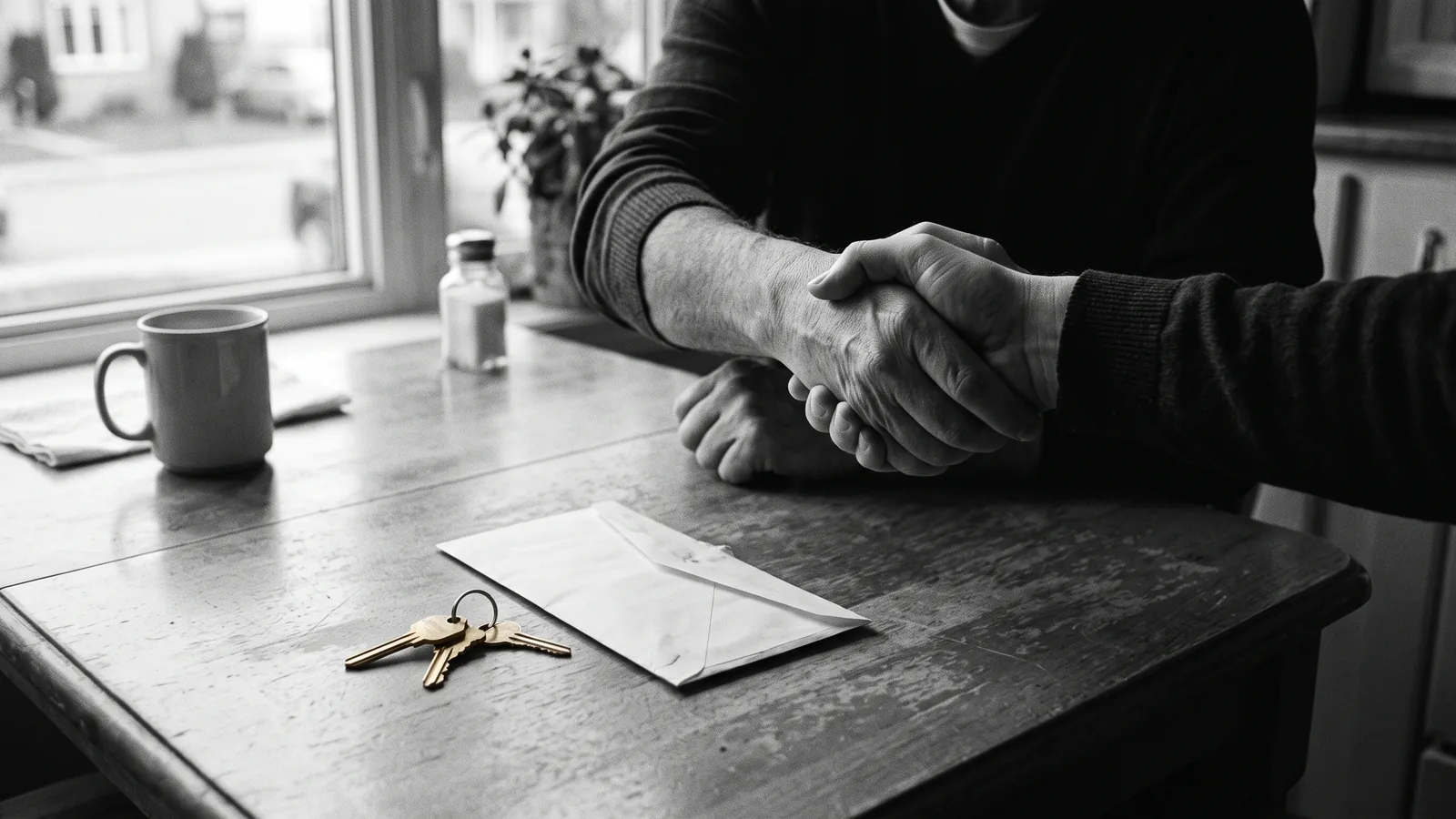 Poignée de main, clés en laiton et enveloppe — entente cash for keys au Québec