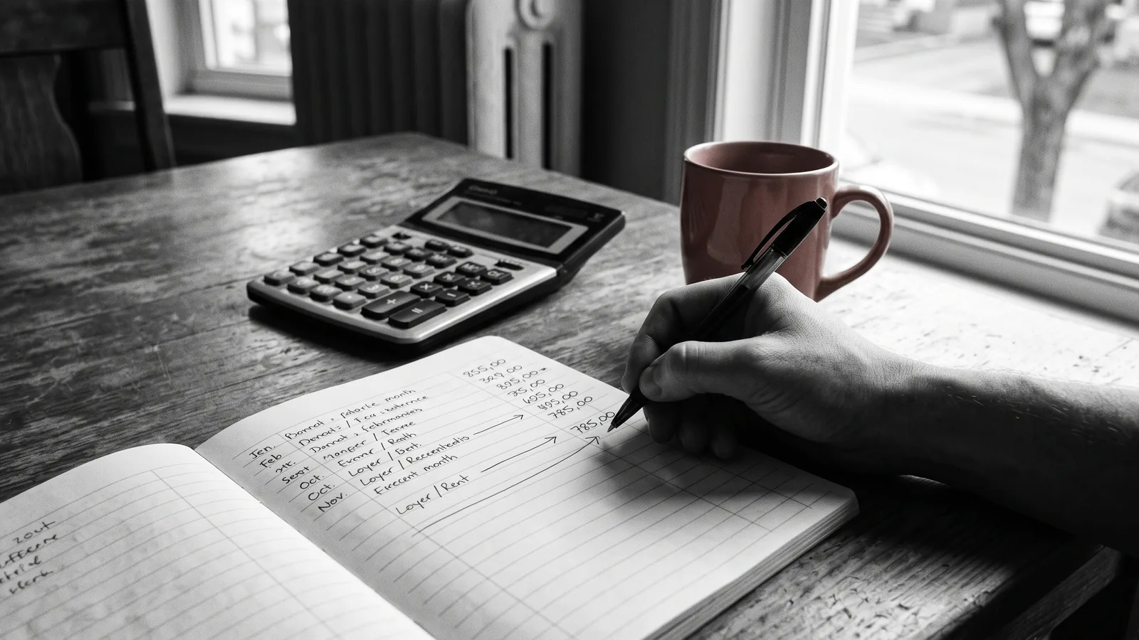 Registre de loyers annoté au stylo rouge et calculatrice — augmenter un loyer au prix du marché