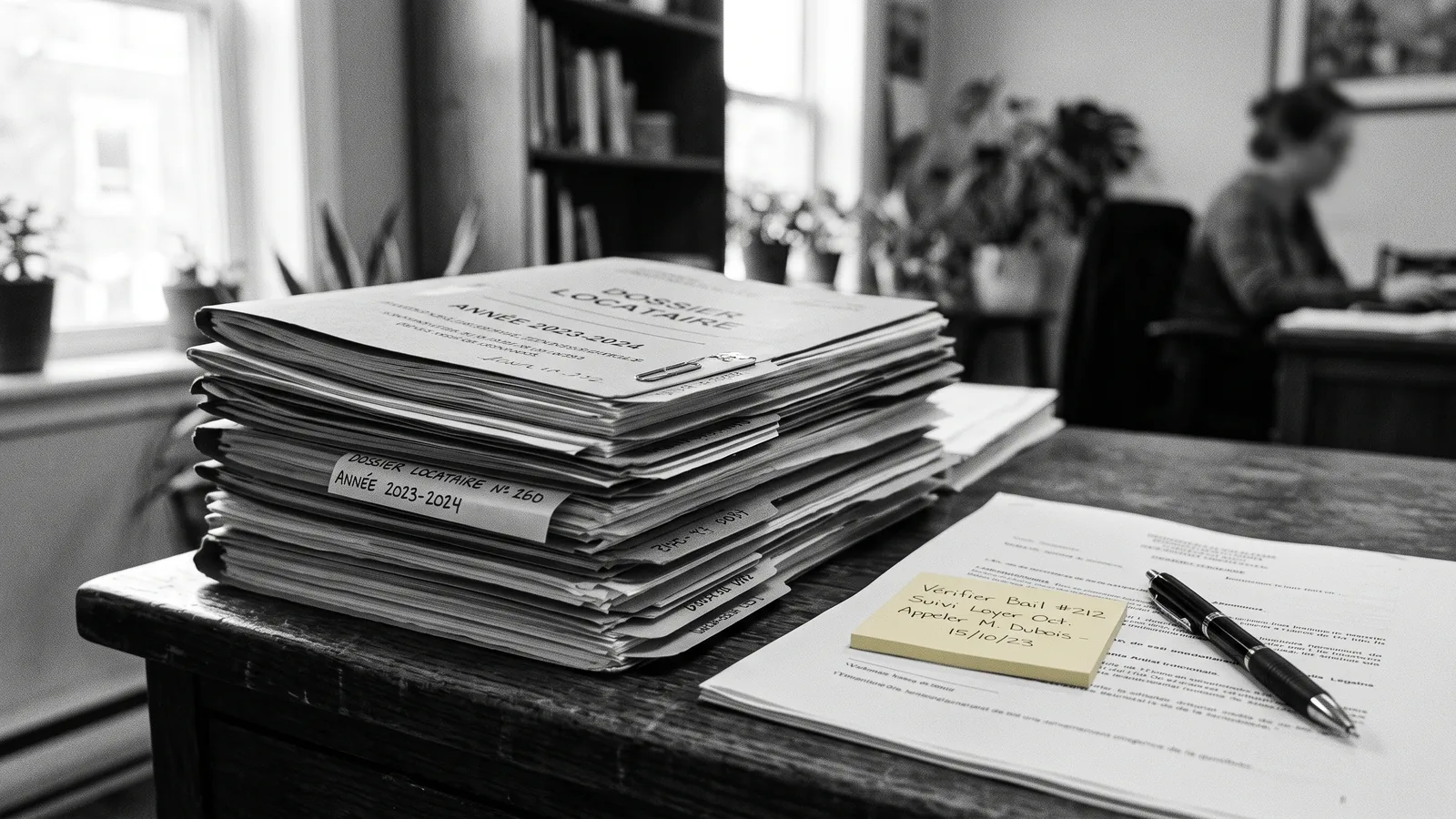 Dossiers de locataires empilés avec une note jaune — gestion de locataires difficiles