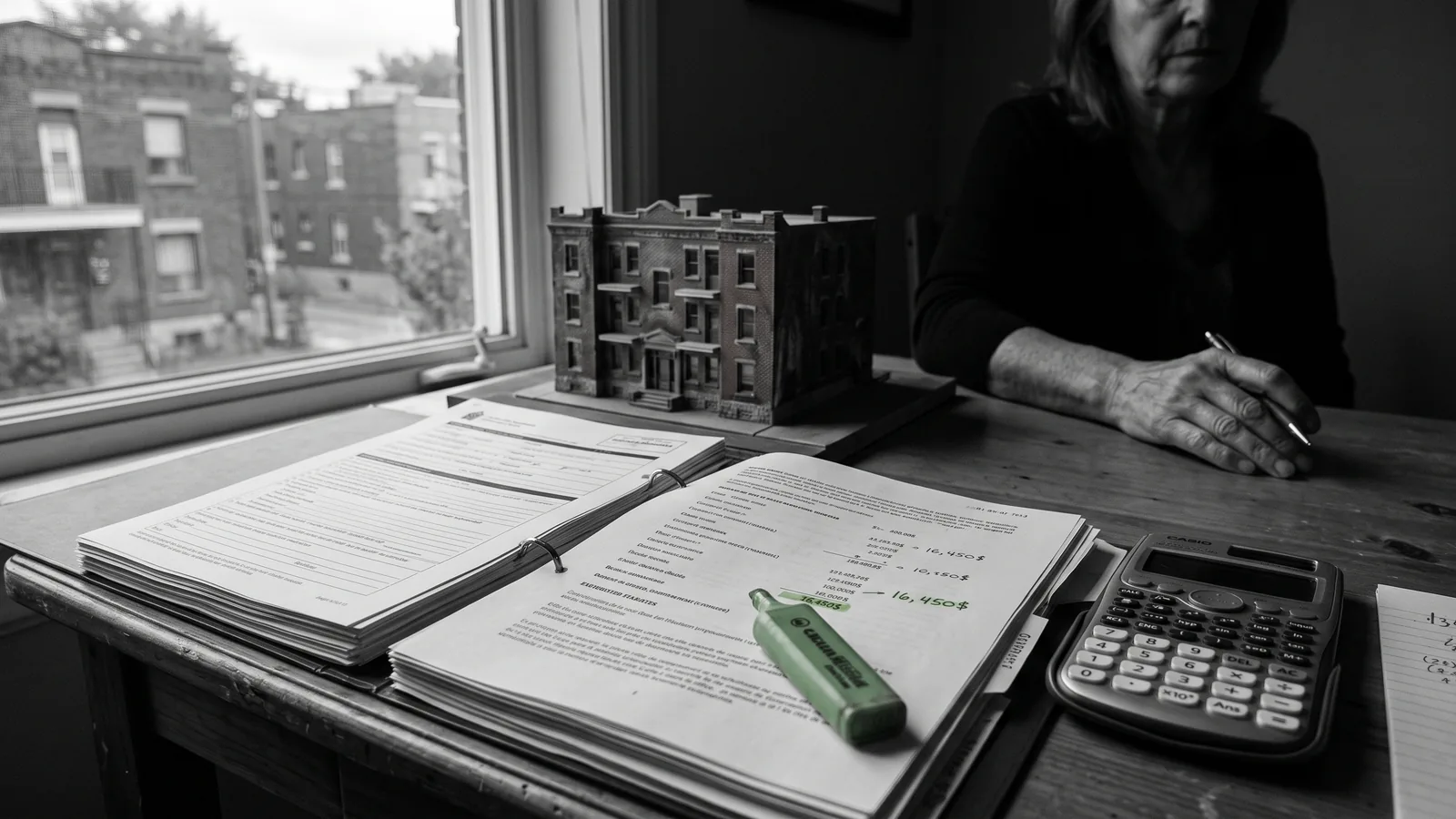 Calculatrice, documents et maquette de plex, chiffre surligné en vert — audit d'optimisation de loyer